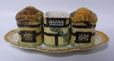 Condiment Set as Characterful Thatched Cottages - Burlington Ware, Made in England - R1 N/R!