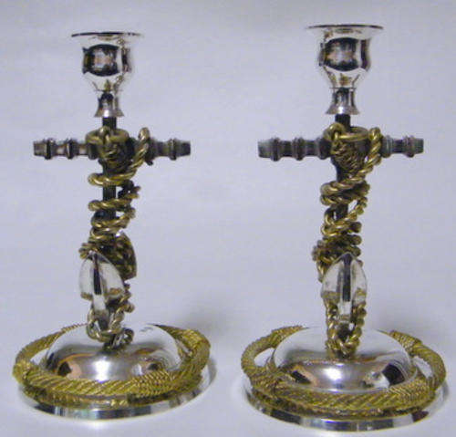 Silver plate and Brass - 2 Detailed Candle Holders in a Naval Theme - Unusual and Lovely!