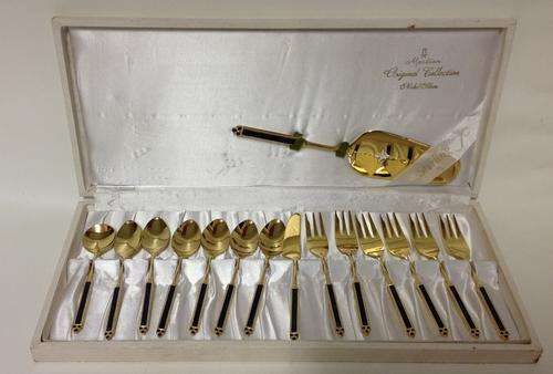 Complete Set of teaspoons, forks, cake lifter,  knife & sugar spoon, 24k GOLD Plated, enamel handles