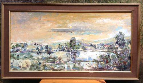 Kane (c1980)  - Magnificent Impasto Oil on Board of a Landscape with cottages - Framed 85x47cm