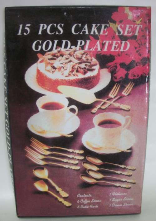 Complete 15pc set of gold plated teaspoons, forks, 2x sugar spoons and cake server