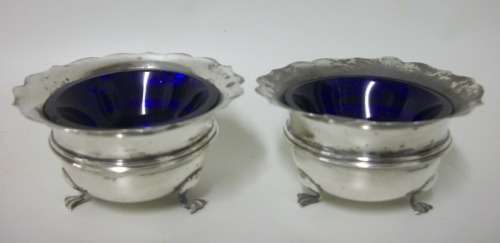 99 YRS Old! Silver (Birmingham 1919) Salt and Pepper Pots, with org. Blue Glass liners