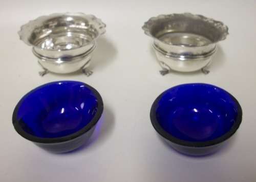 99 YRS Old! Silver (Birmingham 1919) Salt and Pepper Pots, with org. Blue Glass liners
