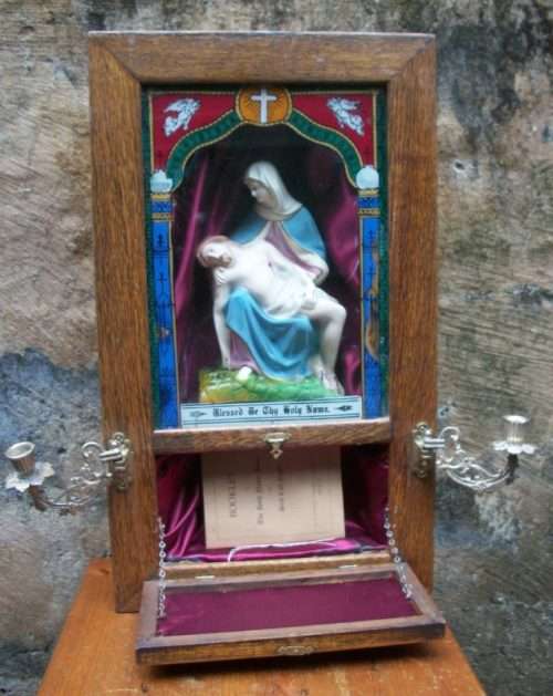 c1909 - Antique Holy Name Altar and Sick Call Outfit -Wood, Glass, Metal, Chalkware 59cm tall, 4.5kg