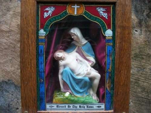 c1909 - Antique Holy Name Altar and Sick Call Outfit -Wood, Glass, Metal, Chalkware 59cm tall, 4.5kg