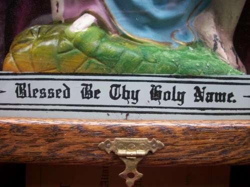 c1909 - Antique Holy Name Altar and Sick Call Outfit -Wood, Glass, Metal, Chalkware 59cm tall, 4.5kg