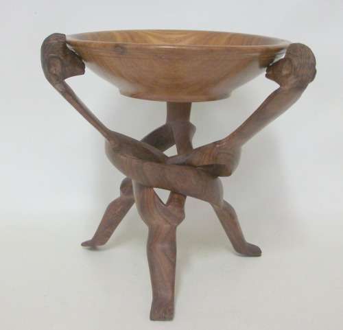 Intricately Carved Wooden Stand and Bowl - 19cm tall