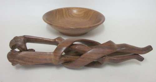 Intricately Carved Wooden Stand and Bowl - 19cm tall