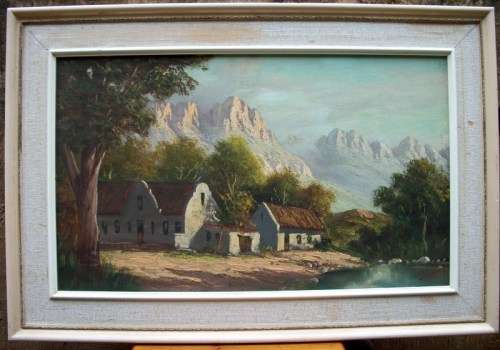 JL Faure (Sa 1931 - ) Oil on Board of a Cape homestead and Mountains - Large 94x64cm