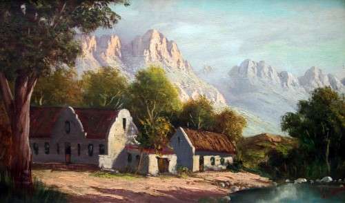 JL Faure (Sa 1931 - ) Oil on Board of a Cape homestead and Mountains - Large 94x64cm