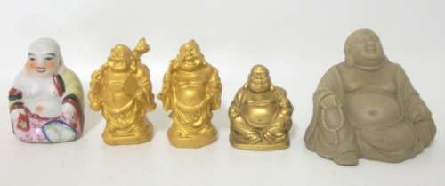 An assortment of 5 Buddhas in different poses - Some with markings - Damage Free!