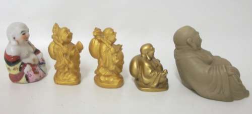 An assortment of 5 Buddhas in different poses - Some with markings - Damage Free!
