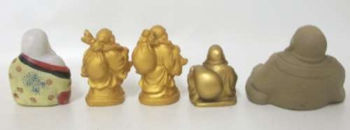 An assortment of 5 Buddhas in different poses - Some with markings - Damage Free!