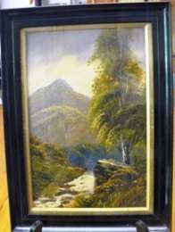 Original Oil, Framed, Landscape with mountain, river and tree (No.2) - Beautiful!