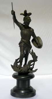Spelter Figure upon a Wooden Base - Mythical Figure Slaying the Dragon - 38.5cm - R1 N/R!!!