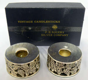 FB Rogers Silver Company Boxed Candle Stick Holders in Elaborate Grape Design - Beautiful! R1 N/R!!!