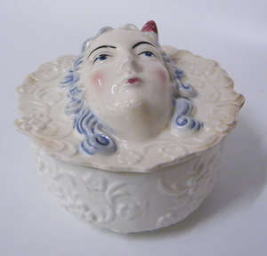 Japanese Character Bowl with a lady's face on the lid in raised design - Unusual and Stunning!!!