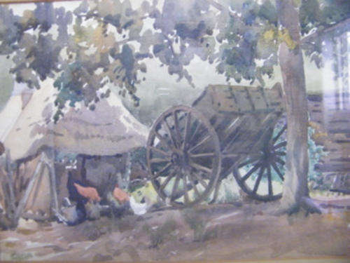 Original Water Colour Painting of a Wagon, Dwelling and Chickens (framed) - Beautiful!
