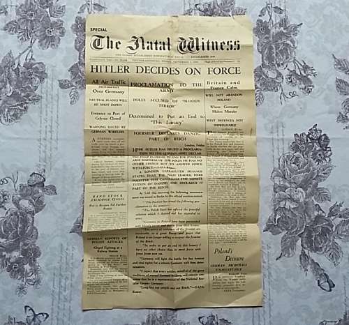 Original Natal Witness 'Extra' September 1st 1939 Covering outbreak of WW2