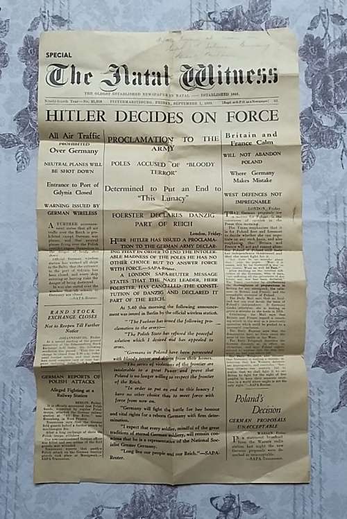 Original Natal Witness 'Extra' September 1st 1939 Covering outbreak of WW2