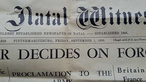 Original Natal Witness 'Extra' September 1st 1939 Covering outbreak of WW2