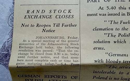 Original Natal Witness 'Extra' September 1st 1939 Covering outbreak of WW2