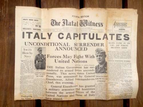 Original WW2 Newspaper - The Natal Witness Thursday the 9th of September 1943 The Capitulation Italy
