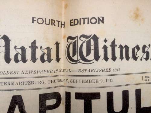 Original WW2 Newspaper - The Natal Witness Thursday the 9th of September 1943 The Capitulation Italy