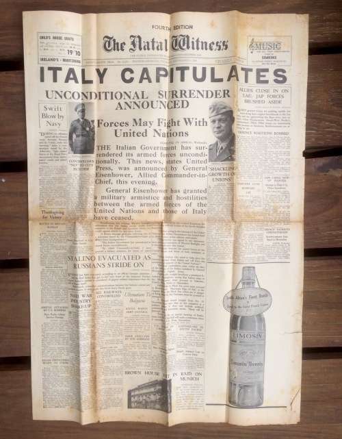 Original WW2 Newspaper - The Natal Witness Thursday the 9th of September 1943 The Capitulation Italy