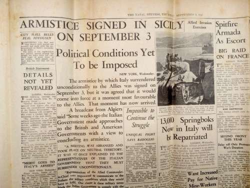 Original WW2 Newspaper - The Natal Witness Thursday the 9th of September 1943 The Capitulation Italy