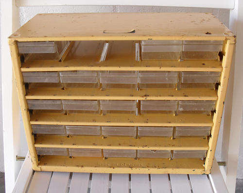 VINTAGE INDUSTRIAL 1970'S GARAGE OR WORKBENCH-TOP DRAWERS FOR ODDS AND ENDS