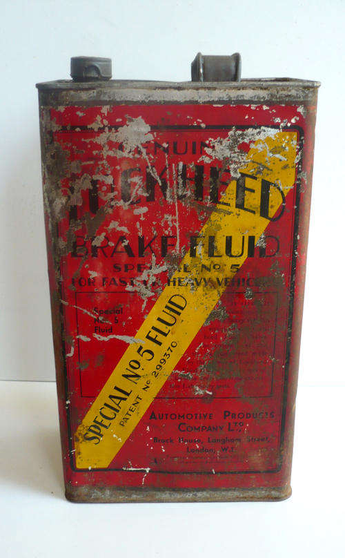 VINTAGE GENUINE LOCKHEED BRAKE FLUID CAN WITH CONTENTS!!! (PETRONALIA)(OIL TIN CAN)