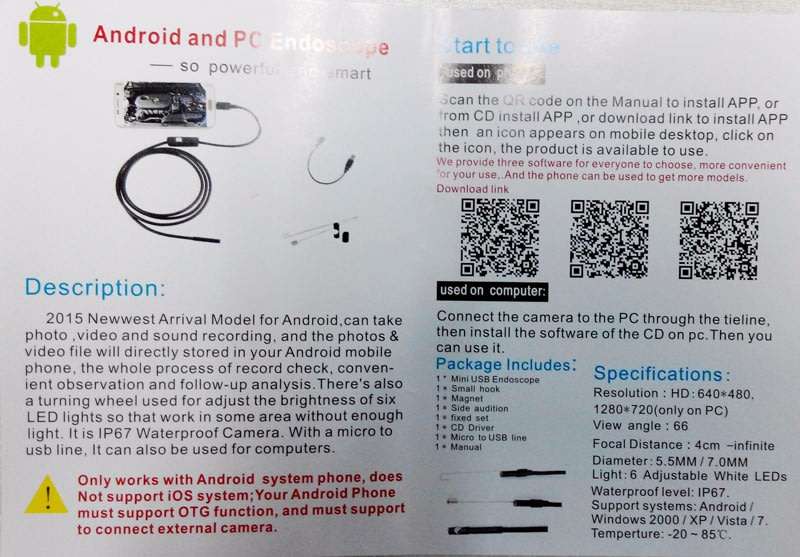 2m 7mm Waterproof Private Eye Camera for Android w/SONY Sensor 720P HD 6 ADJUSTABLE LED LIGHTS