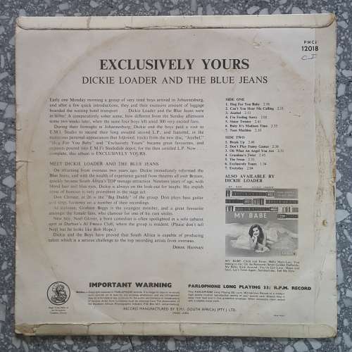 DICKIE LOADER AND THE BLUE JEANS - EXCLUSIVELY YOURS  LP, Album, Mono,South Africa Released 1963