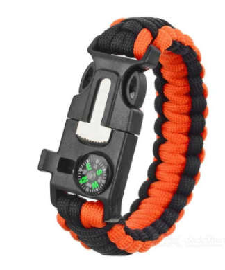 Survival Paracord Bracelet w/ Whistle, Flint, Scraper, Compass - Orange