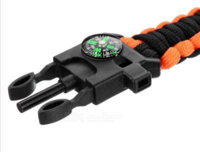 Survival Paracord Bracelet w/ Whistle, Flint, Scraper, Compass - Orange