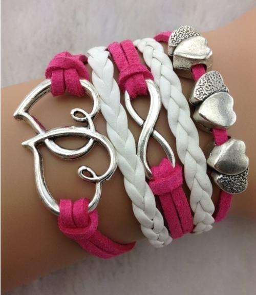 Handcrafted White Red Leather Suede Double Heart Infinity Bracelet !!