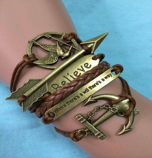 Retro Bronze Anchor Hunger Game Bird Arrow Leather Rope Bracelet !!