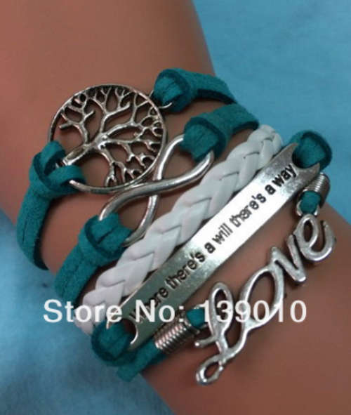 Green And White Flocking Leather Silver Tree LOVE Infinity Bracelet !!