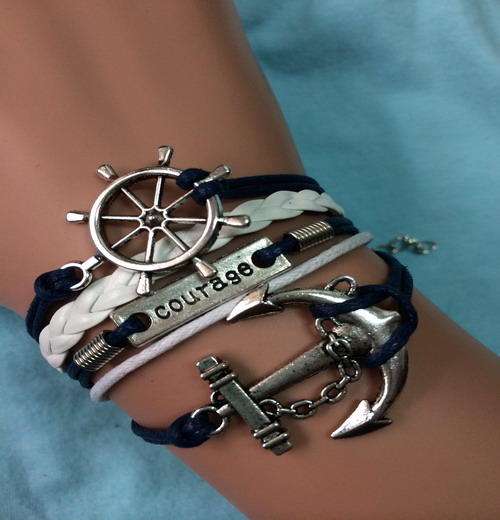 White Braided Navy Rope Leather Charm Bracelet !!