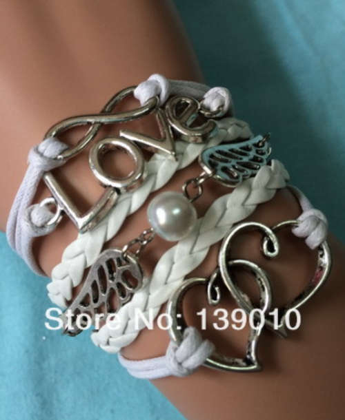 Antique Silver White Leather Heart Wing Bead LOVE Infinity Bracelet !!