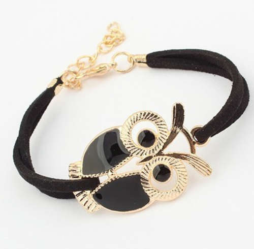 **BLACK** Retro Owl Faux Leather Charm Bracelet!!