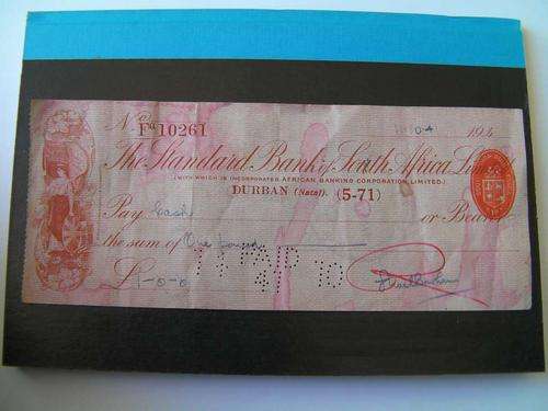 Standard Bank Original Cash Cheque for 1 Pound dated 11 Oct 1941