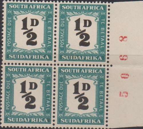 1948 ½d Roto Postage Due scarce sheet number block (UHB D33) in MNH-condition