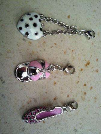 100% BRAND NEW 3 x Charms (Crystal Shoe, Pink/SIlver Cap/Heart) to fit Handbag, Charm bracelet etc