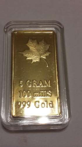 5 gram 100 mills MAPLE LEAF GOLD plated bar - 999. SEALED AND ENCAPSULATED.