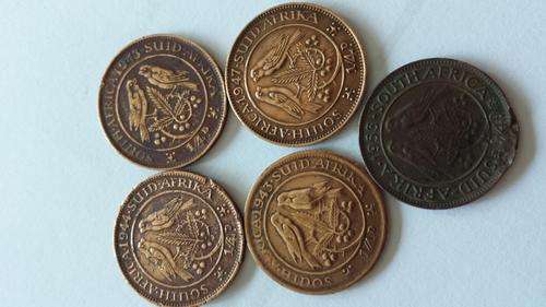 5 UNION FARTHINGS: 1943,1944,1947,1953, etc. BID PER COIN TO TAKE ALL!