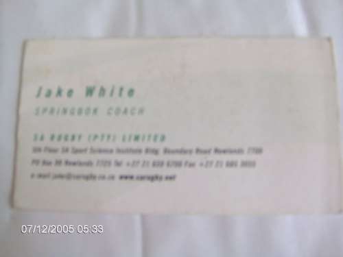 Jake White SA Rugby Business Card