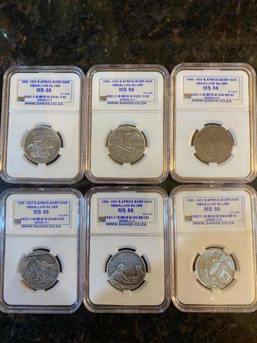** 1899-1902**  SA (BOER WAR) Medallion  (Silver) Set of 6 ## All "SANGS" graded MS66.