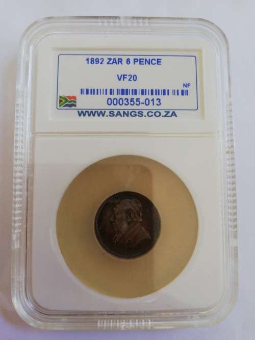 ** 1892 **.. ZAR.. 6p..VF20..(SANGS GRADED)
